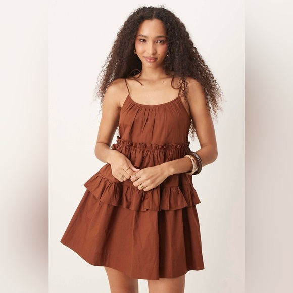 Ruffle tiered mini dress in chocolate - Picture 1 of 6